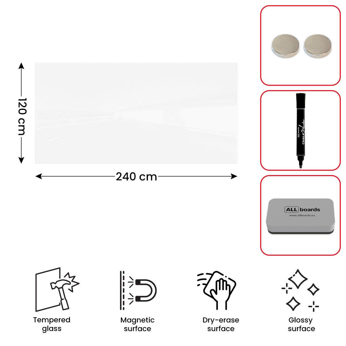 GLASBOARD - Premium SUPERWHITE Perlweiß 240x120 cm - Weiß, Glas (240/120/0.7cm) - ALLboards