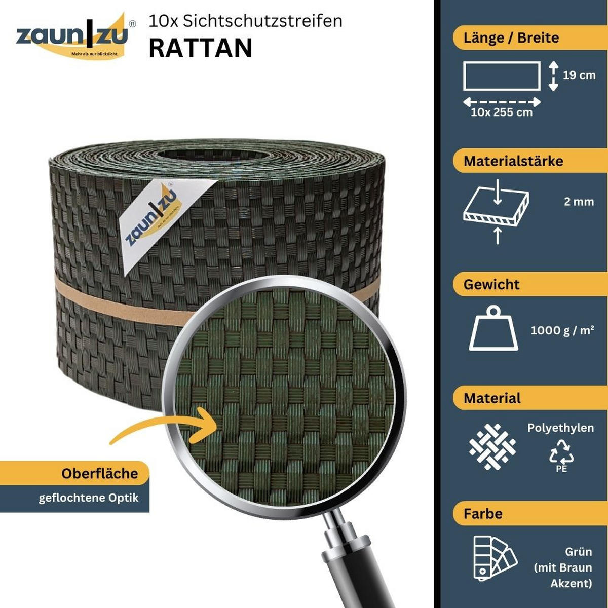 SICHTSCHUTZSTREIFEN Rattan für Doppelstabmatten UV-beständig Grün 10x 2,55m - Grün, Kunststoff (2550/19cm) - ZAUN|ZU