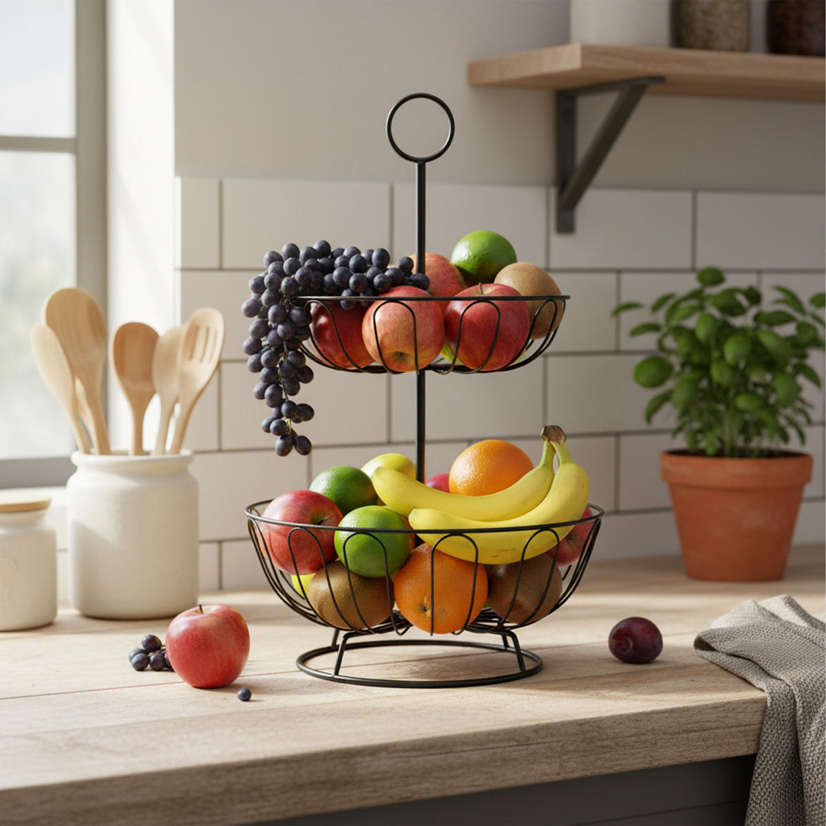 OBSTKORB-ETAGERE - Schwarz, Metall (28/43cm) - Relaxdays