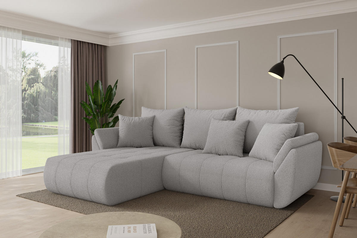 ROHOVÁ SEDAČKA s funkcí spaní, otoman vlevo TOKO-L 277x194x86 světle šedá bouclé - černá/stříbrná, kompozitní dřevo/textil (277/194cm) - ALTDECOR