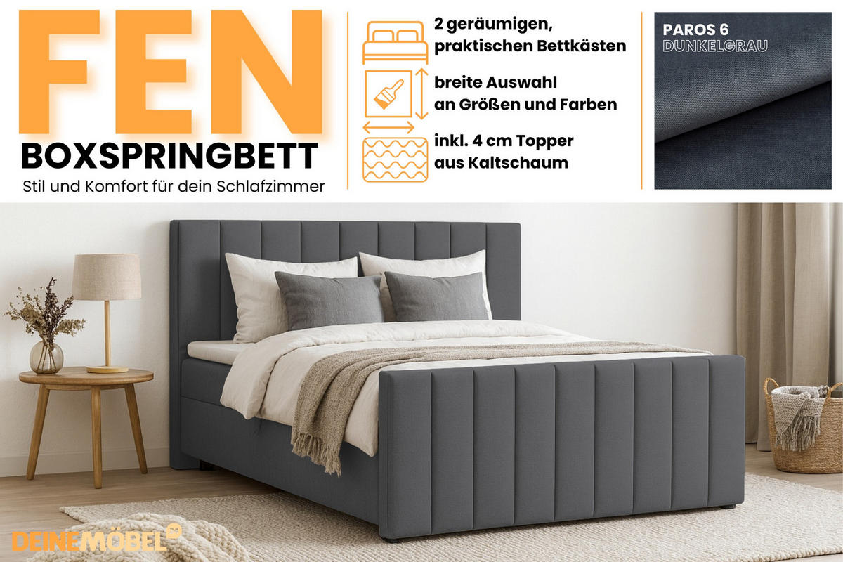 BOXBETT FEN 180/200 Velours Dunkelgrau mit Taschen-Federkernmatratzen 7 Zonen H4 - Dunkelgrau, Holz/Holzwerkstoff (180/200cm) - Deine Möbel 24