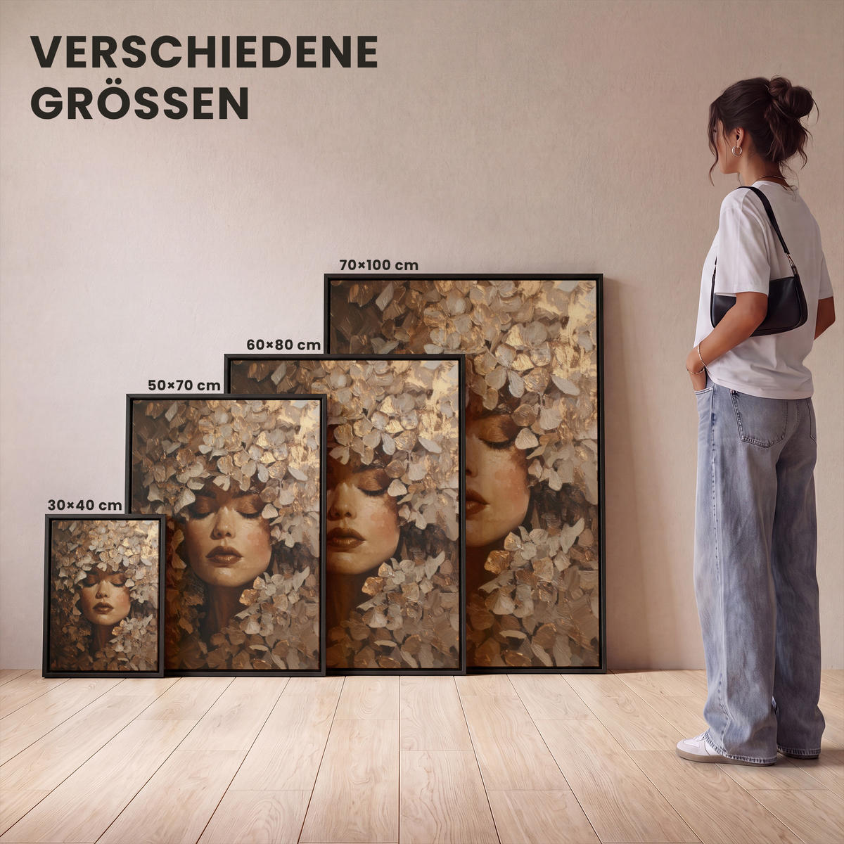 LEINWAND Bilder mit Rahmen - Gesicht - Dame - Blätter - Pinselstriche - 50x70 - Goldfarben, Textil (50/70cm) - MuchoWow