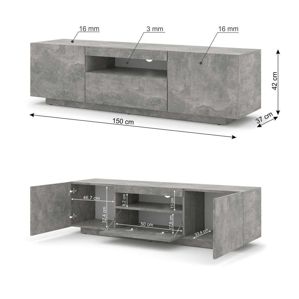 TV LOWBOARD Beton 150/42/37 - Grau, Holzwerkstoff (150/42/37cm) - RAUMHIRSCH FURNITURE