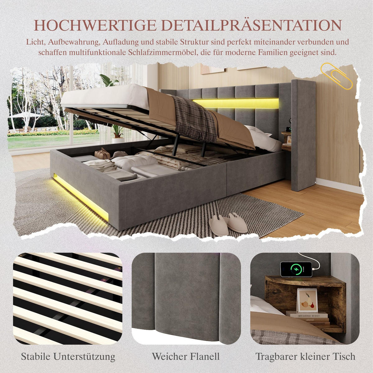 BOXBETT 160/200 mit Bettkasten, LED, USB/Typ C-Ladeanschluss,Samt,Grau - Grau, Metall (160/200cm) - LVHOM