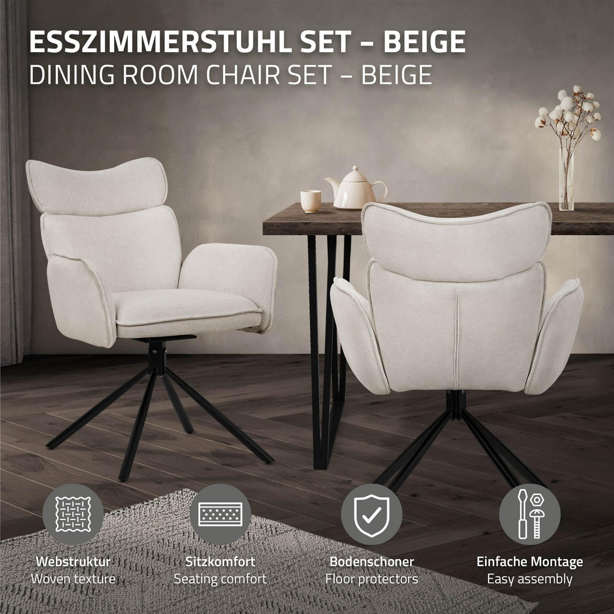 JÍDELNÍ ŽIDLE Sada 6 ks otočné béžové s látkovým potahem - černá/béžová, kov/textil (63/89/68cm) - ML-DESIGN