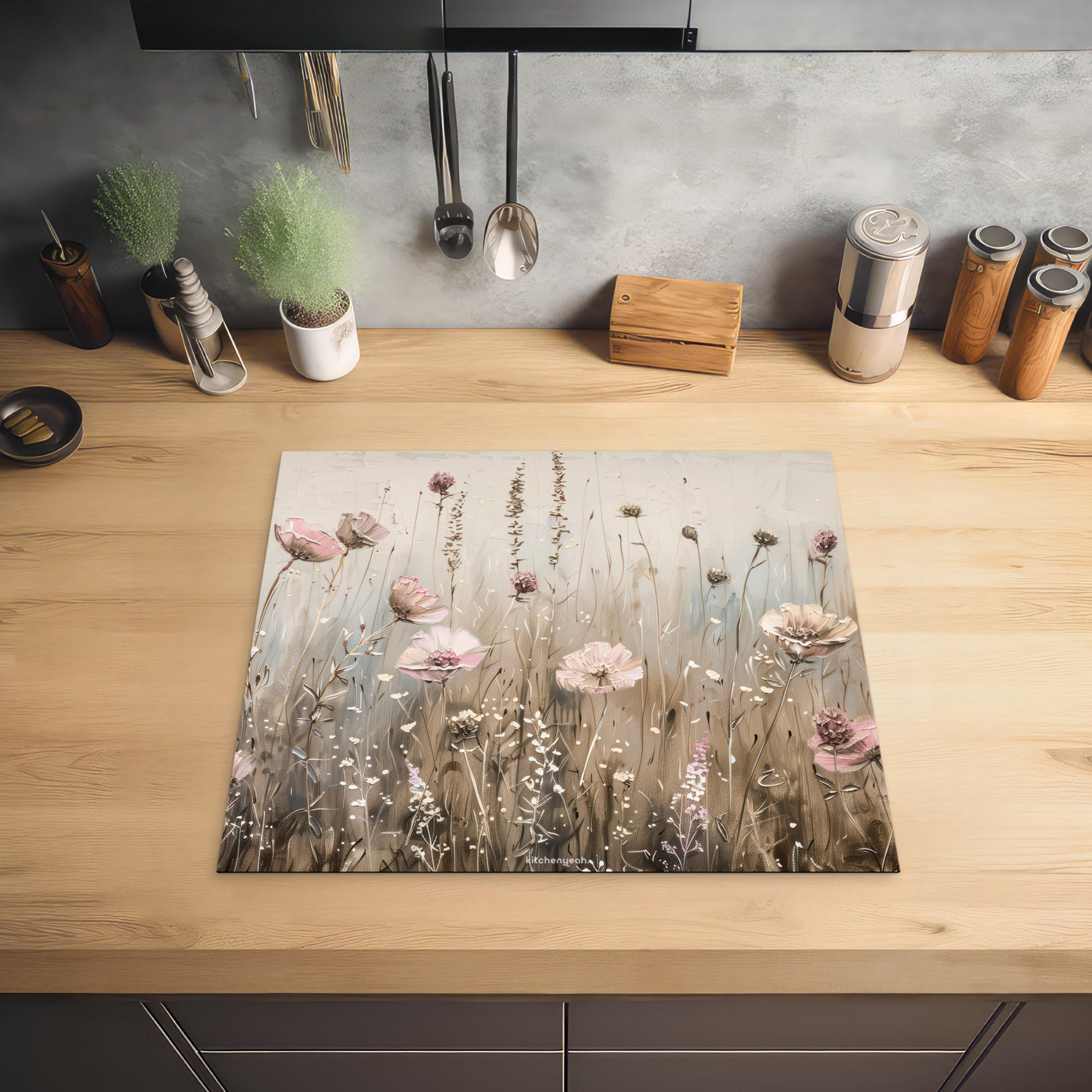 HERDABDECKPLATTE Blumen - Beige - Trockenblumen 58x51 cm - Beige, Kunststoff (58.3/0.2/51.3cm) - MuchoWow
