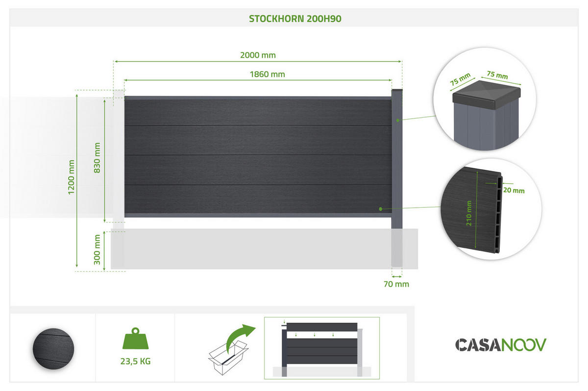 ERWEITERUNGSSET für Verbundzaun 2 m STOCKHORN H. 90 cm zum Einbetonieren, grau - Grau, Holzwerkstoff (200/90cm) - Casanoov
