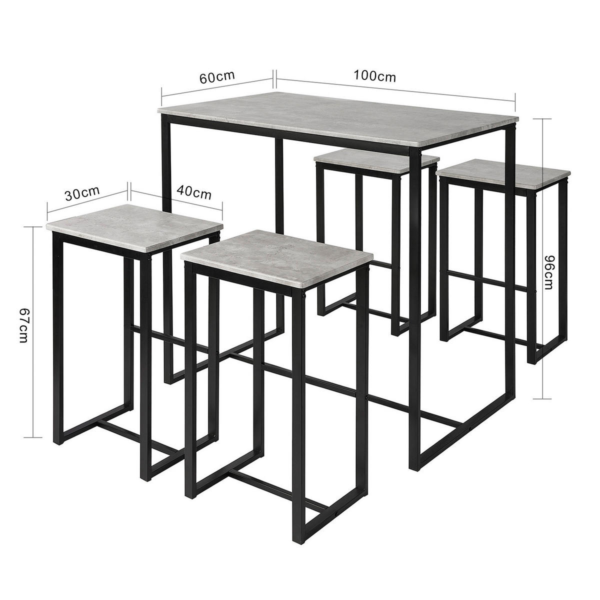 BARTISCH + 4 x BARHOCKER - Grau, Holzwerkstoff (100/96/60cm) - SoBuy
