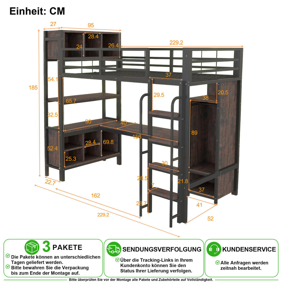 HOCHBETT 90/200 cm in Schwarz mit Schreibtisch, Schrank, Ablagefächern, LED und Steckdosen - Schwarz, Holzwerkstoff/Metall (90/200cm) - CHICFURN
