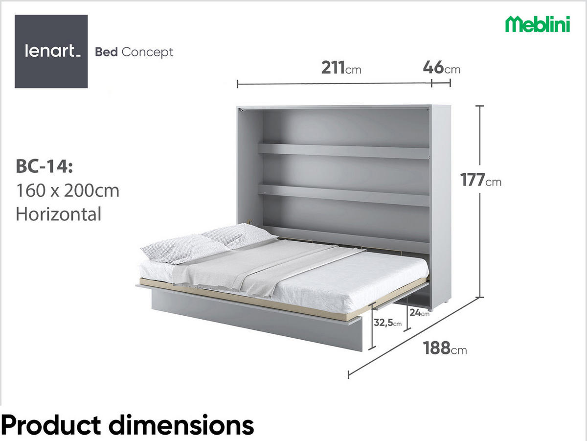 SCHRANKBETT BC-14 - 160x200cm Horizontal - Grau Matt mit Matratze - Grau, Holzwerkstoff (200/160cm) - Meblini