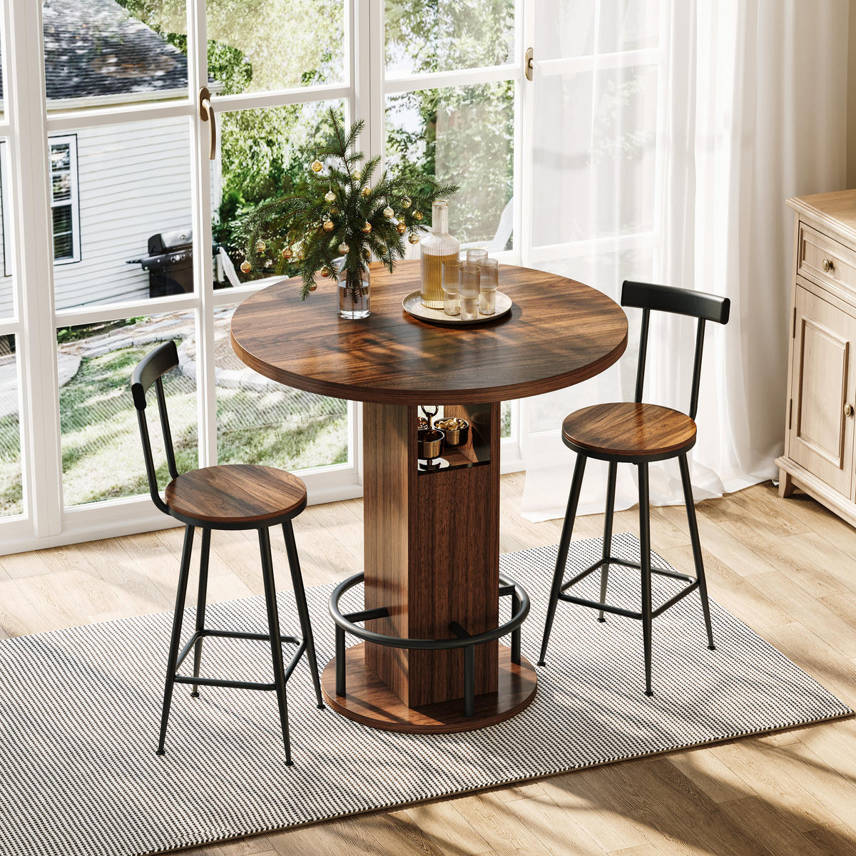BARTISCH-SET DE-39330 3-teilig, rund, mit 2 Hockern Walnuss - Walnussfarben, Holzwerkstoff (80/91.5/80cm) - ComfortXL