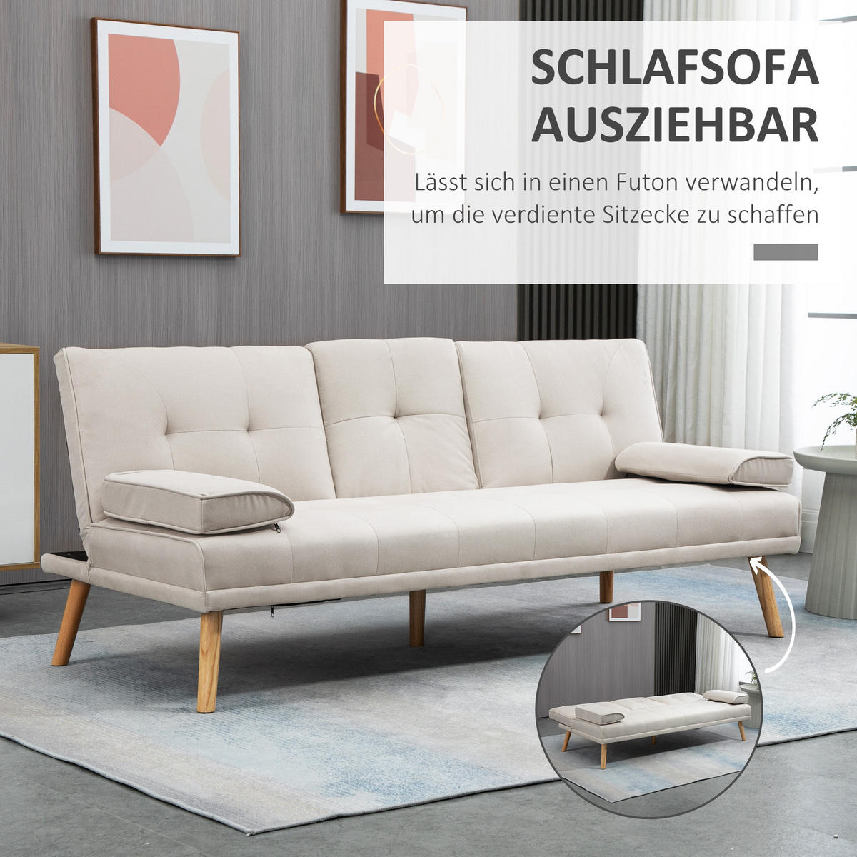 SCHLAFSOFA 3-Sitzer mit klappbarem Tisch 181 cm Beige - Beige, Holzwerkstoff (181/78/77cm) - Meubliv