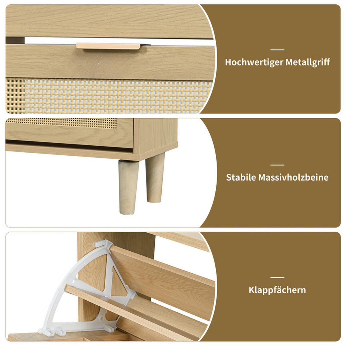 SCHUHSCHRANK RATTAN mit 4 Klappschubladen und Metallgriffen 100x25x90 cm - Braun, Holzwerkstoff (25/90.3/100cm) - Fuleadture