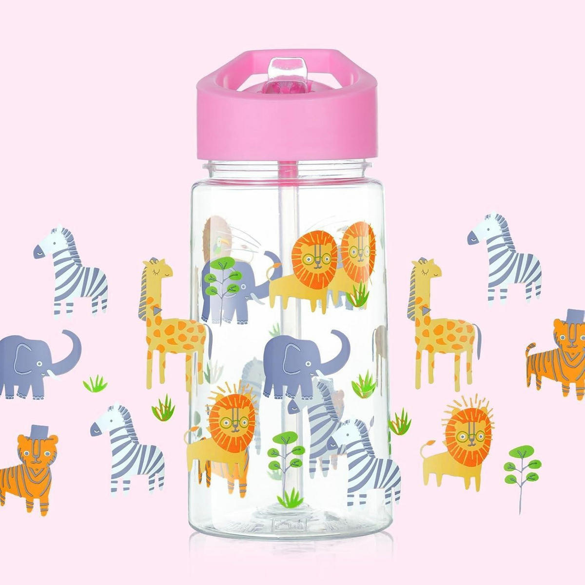 KINDER Trinkflasche mit Strohhalm 450 ml Rosa Tiere - Multicolor, Kunststoff (7.5/7.5cm)