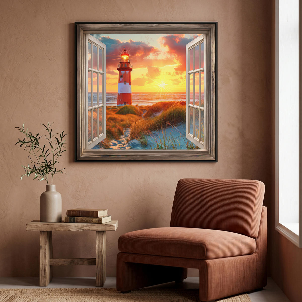 LEINWAND Bilder mit Rahmen - Aussicht - Fenster - Leuchtturm - Sonnenuntergang - Strand - 90x90 - Dunkelorange, Textil (90/90cm) - MuchoWow