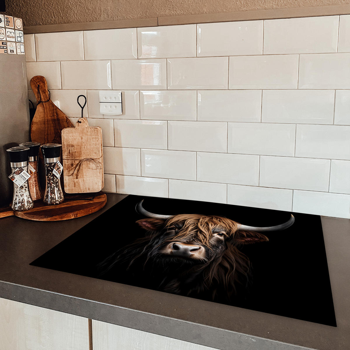 HERDABDECKPLATTE Schottischer Highlander - Porträt - Schwarz - Tier Induktionsmatte 71x52 cm - Braun, Kunststoff (71/52/0.2cm) - MuchoWow