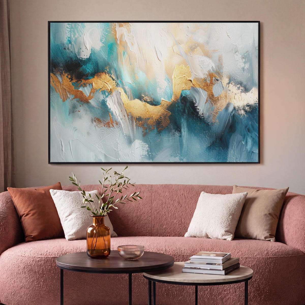 LEINWAND Bilder mit Rahmen - Abstrakt - Kunst - Gold - Blau - 150x100 - Petrol, Textil (150/100cm) - MuchoWow
