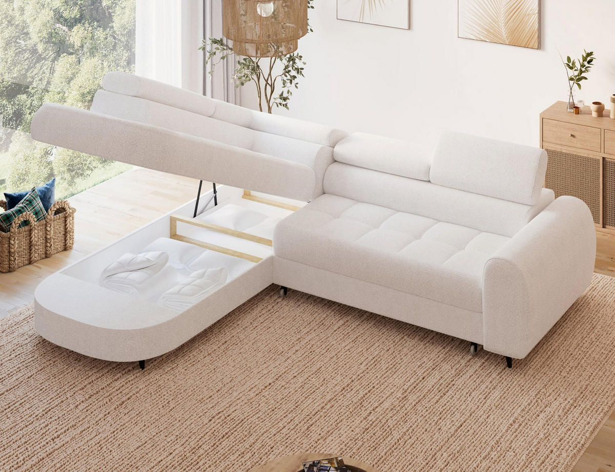 ECKSOFA Vesteria mit Schlaffunktion und Bettkasten – Modernes Design, verstellbare Kopfstützen und hoher Sitzkomfort - Weiß, Kunststoff (279/72cm) - Wohnideebilder