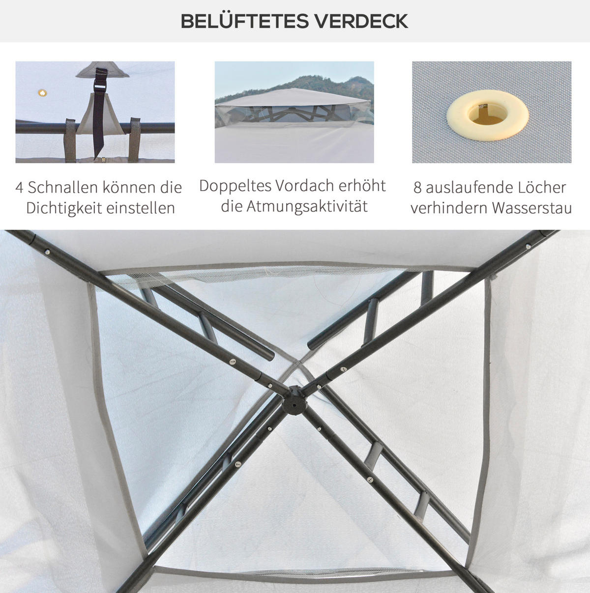 GARTENPAVILLON 294/294/265 cm mit Netzseiten, Doppeldach und Polyesterdach, Anthrazitgrau - Grau, Textil (294/265/294cm) - Redom