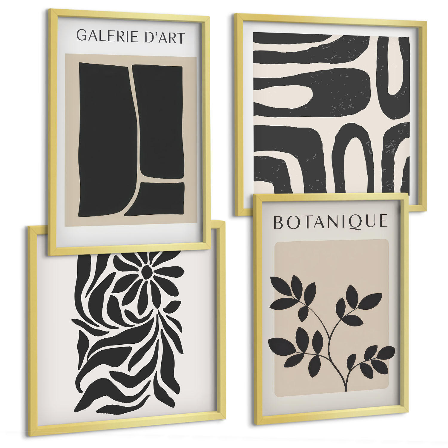 BILDER SET 4er Set - 50x50 cm & 40x60 cm Goldrahmen - Abstrakte Pflanzenmuster - Goldfarben, Kunststoff (50/50cm) - TULUP