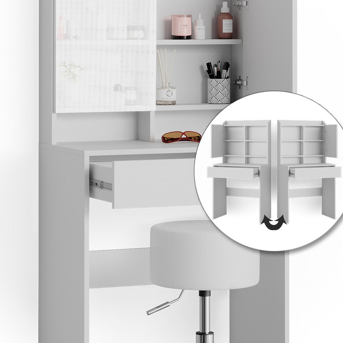 SCHMINKTISCH Laura Weiß 70 cm mit Hocker - Weiß, Holzwerkstoff (70/136/40cm) - Vicco