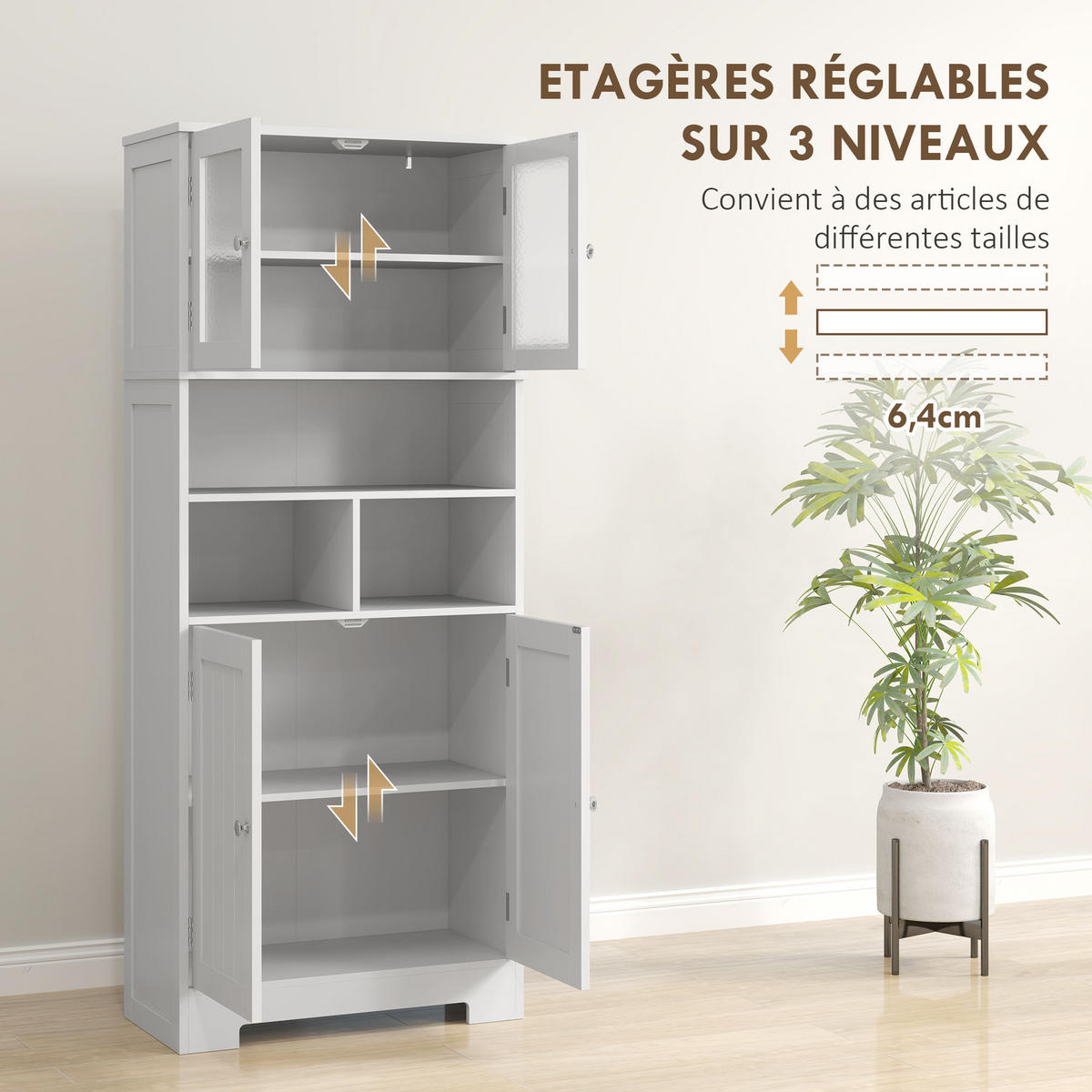HIGHBOARD DE-11281 4 Glastüren & Nischen mit verstellbaren Böden Weiß - Weiß, Holzwerkstoff (30/145.5/60cm) - ComfortXL