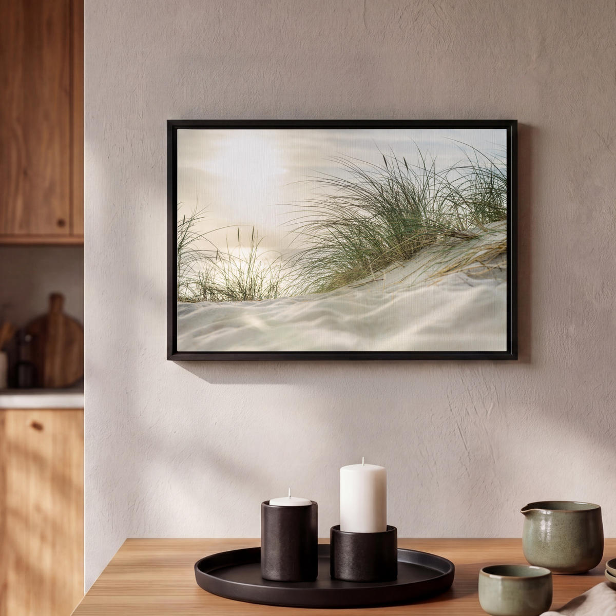 LEINWAND Bilder mit Rahmen - Dünen mit Strandhafer in der Sonne des Nationalparks Schleswig-Holsteinisches Wattenmeer - 30x20 - Creme, Textil (30/20cm) - MuchoWow