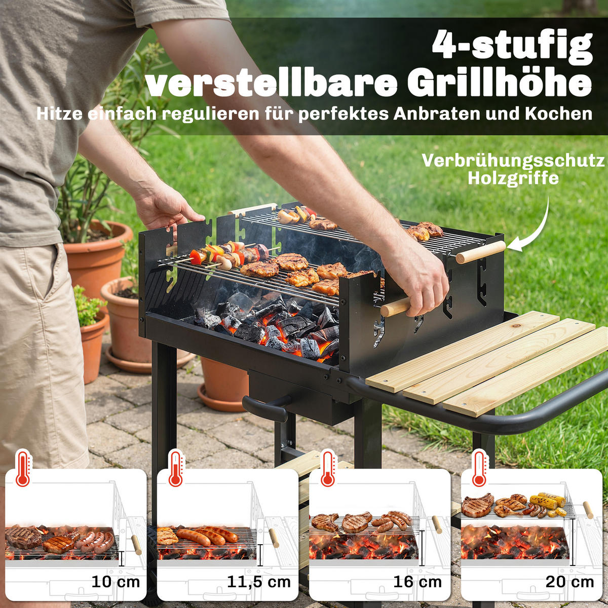 HOLZKOHLEGRILL Metall Kiefernholz Schwarz - Schwarz, Metall (58/82/99.5cm) - Outsunny