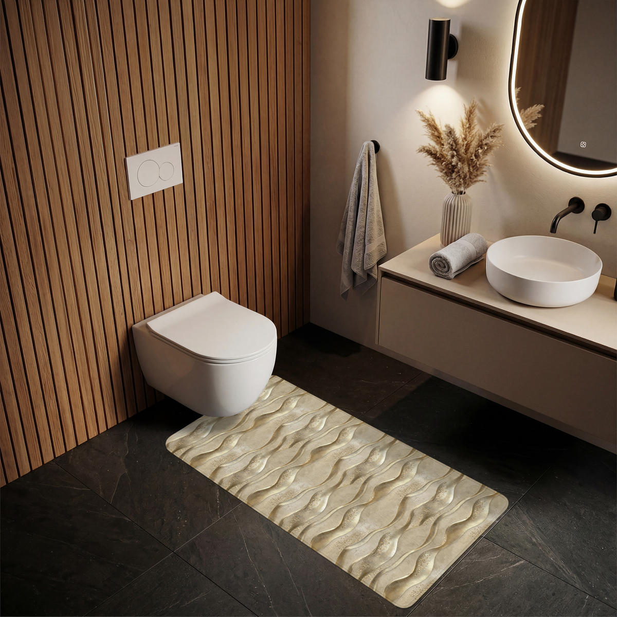 KOUPELNOVÁ PŘEDLOŽKA Vlny - vzor - zlaté 60x120 cm - barva mosazi, textil/plast (60/120cm)