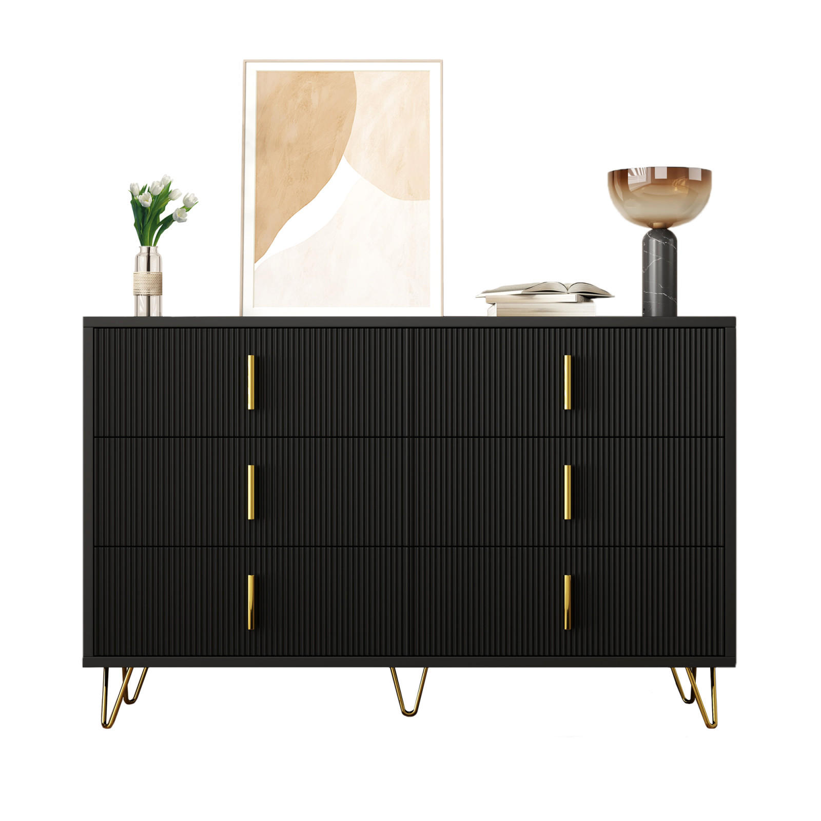 SIDEBOARD Schwarz, 6 Schubladen, modernes Eckdesign - Schwarz, Holz (120/77/40cm)