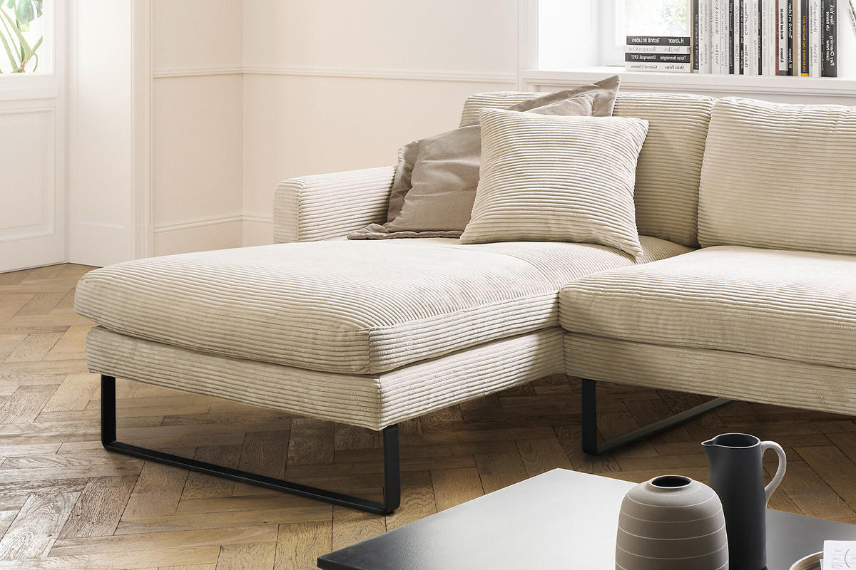 ECKSOFA RICARDA Cremeweiß Cord - Creme/Schwarz, Textil/Metall (298/154cm) - KAWOLA