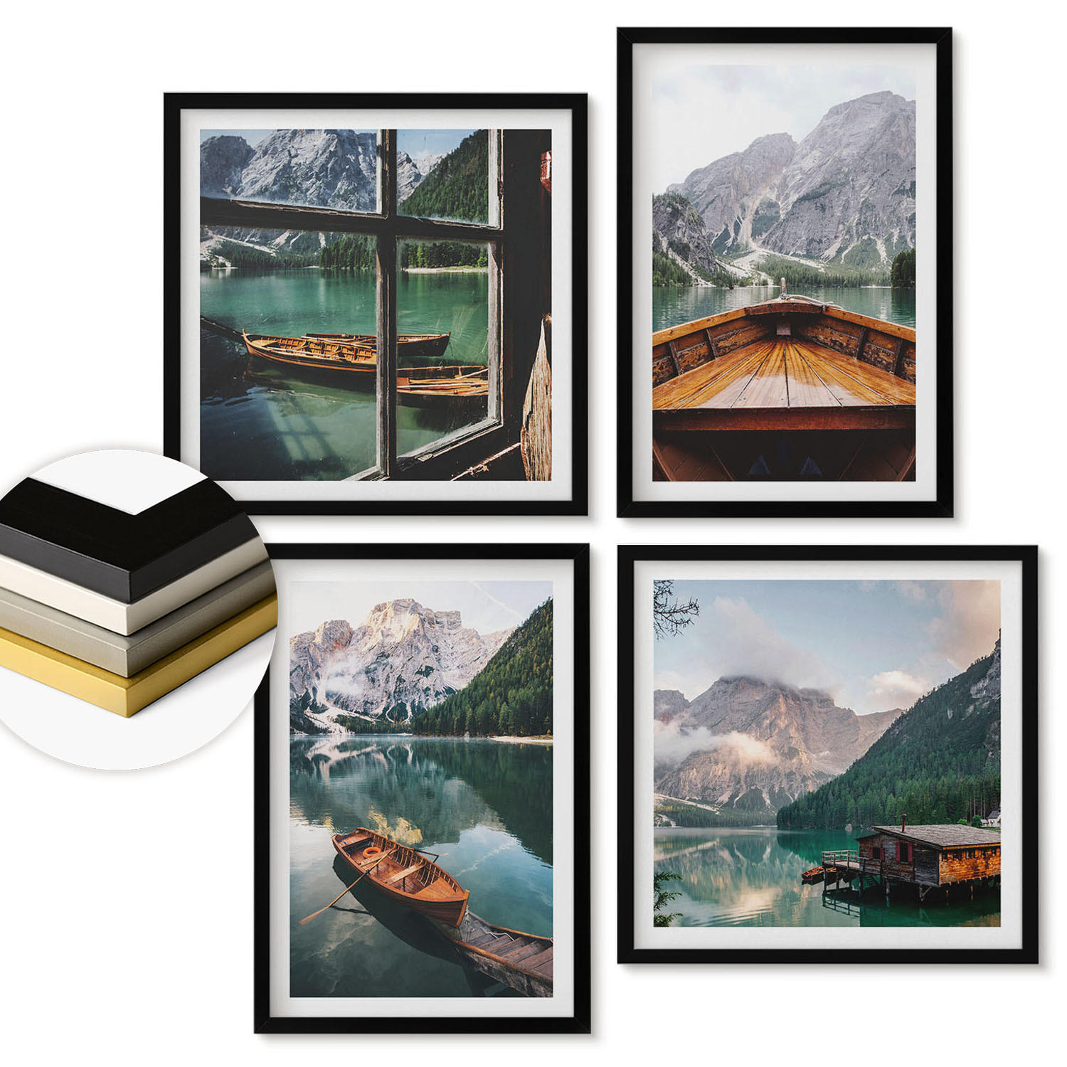 WANDBILDER 4er-Set - 50x50 cm & 40x60 cm Schwarzer Rahmen - See, Berge, Boote, Hütte, Fenster - Schwarz, Kunststoff (50/50cm) - ArtPrintCave