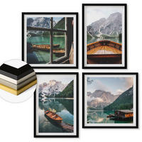 WANDBILDER 4er-Set - 50x50 cm & 40x60 cm Schwarzer Rahmen - See, Berge, Boote, Hütte, Fenster - Schwarz, Kunststoff (50/50cm) - ArtPrintCave