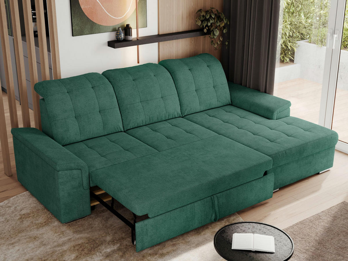 ECKSOFA MADRITO L - Grün Struktur - Rechts - Silberfarben/Grün, Textil/Metall (256/160cm)
