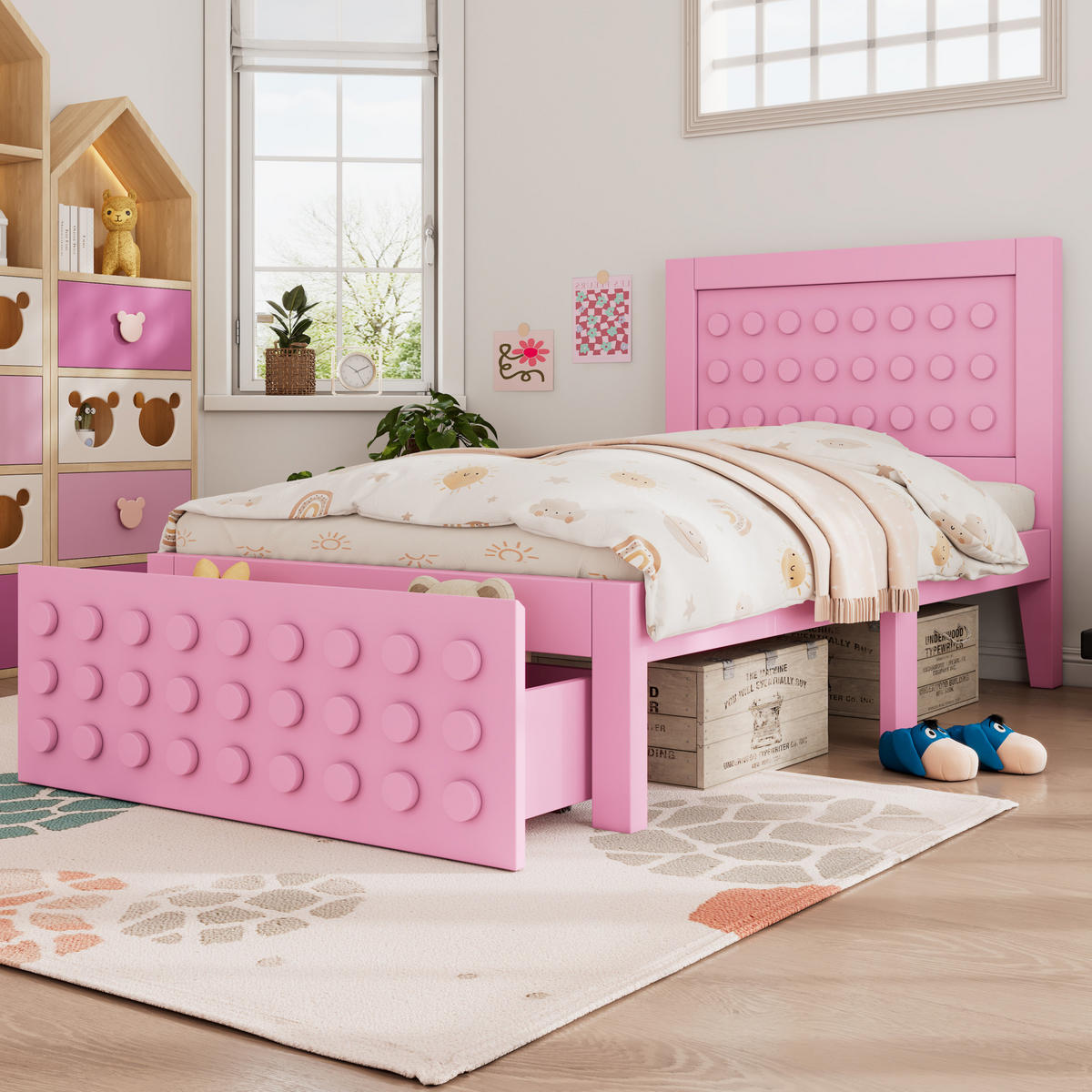 KINDERBETT 90/190 cm aus Holz mit Schublade, Lattenrost und Stauraum, Rosa - Rosa, Holzwerkstoff (90/190cm) - Redom