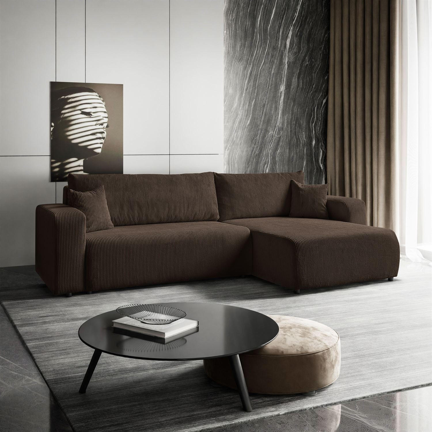 ECKSOFA Gepolstertes PRESTIGE XL mit Schlaffunktion und Bettkasten, Poso 06 - Braun, Textil (277/143cm) - Lookway