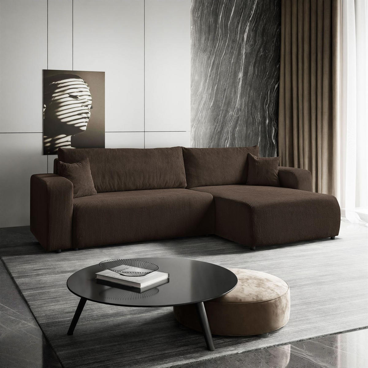 ECKSOFA Gepolstertes PRESTIGE XL mit Schlaffunktion und Bettkasten, Poso 06 - Braun, Textil (277/143cm) - Lookway