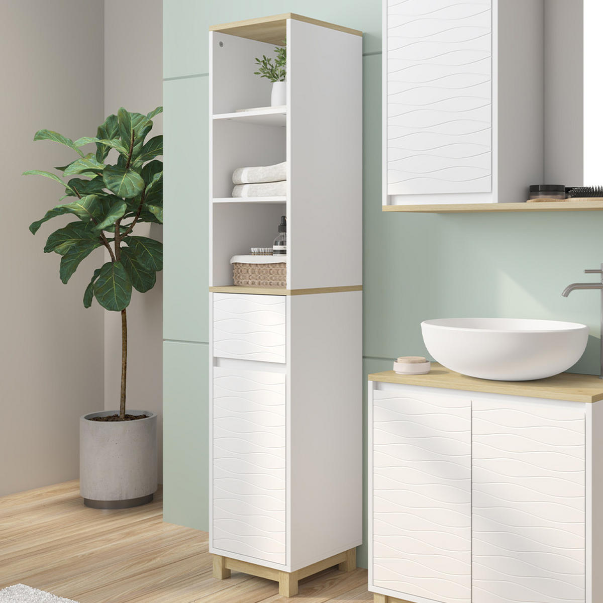 BADEZIMMERMÖBEL Livia Weiß 30 x 151 cm mit Schubladen - Weiß/Naturfarben, Holzwerkstoff (30/151/30cm) - Vicco