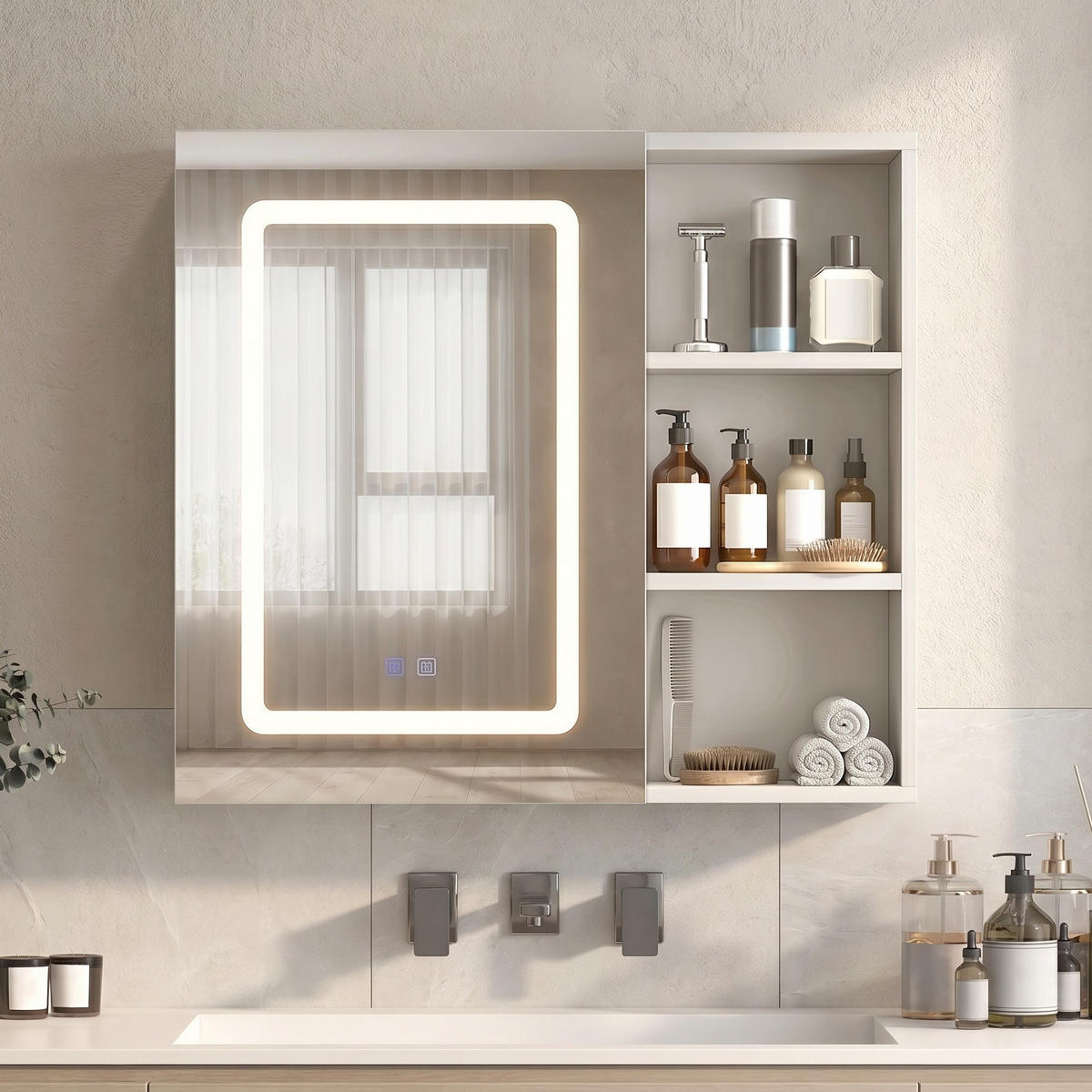 SPIEGELSCHRANK, Wandbadschrank mit LED-Spiegel, 3 Lichtfarben, beschlagfrei-Funktion, 1 Tür und verstellbaren Einlegeböden, 60 x 60 x 36 cm - Weiß, Glas (60.2/60.2/15.2cm) - Waldena