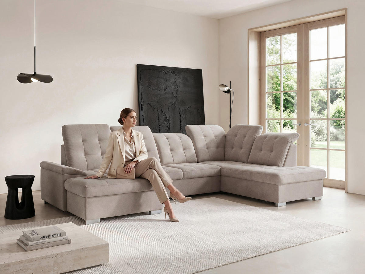 WOHNLANDSCHAFT ANON Ottomane Rechts, mit Schlaffunktion und Bettkasten, Beige - Beige, Kunststoff/Textil (322/87/220cm) - Idohome