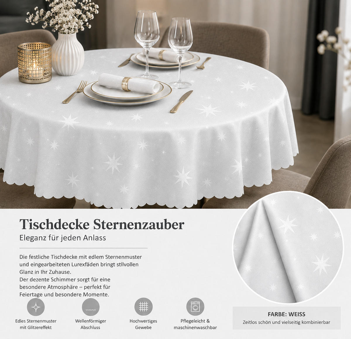 TISCHDECKE 160 rund Lurex Sterne Weiß - Weiß, Textil (160cm) - TiborTex