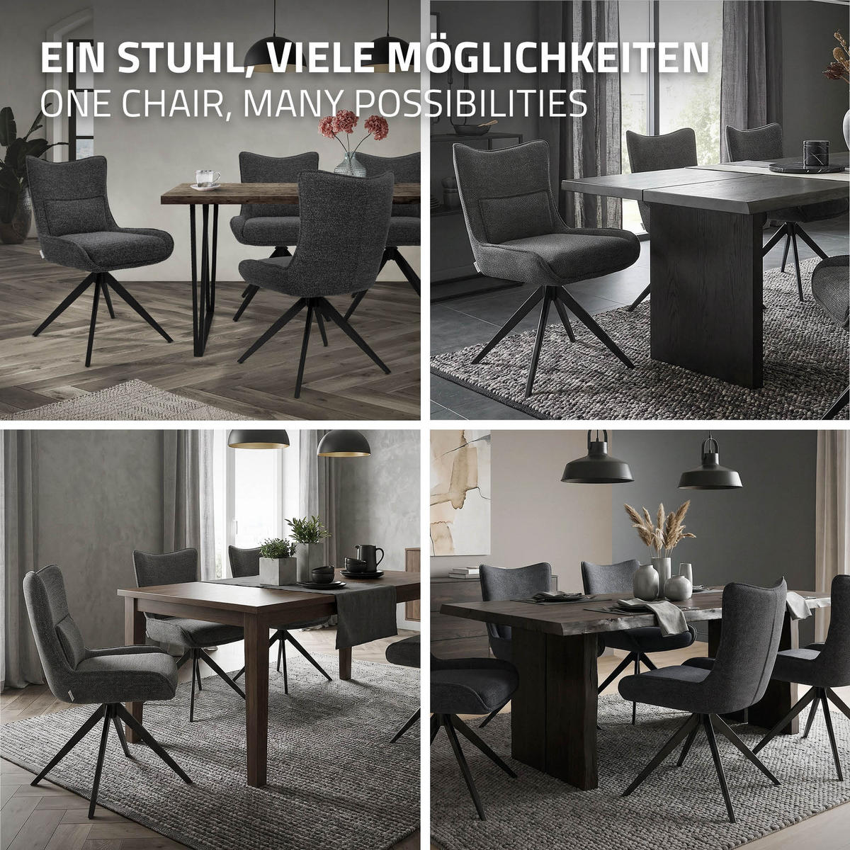 ESSZIMMERSTÜHLE 2er Set drehbar Küchenstühle gepolstert mit Webstoff-Bezug Anthrazit - Anthrazit/Schwarz, Textil/Metall (54/90/64cm) - ML-DESIGN
