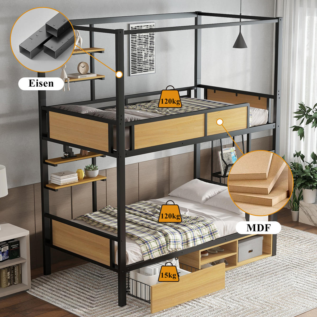 ETAGENBETT 90/200 cm aus Metall und MDF mit Stauraum & Ablagen - Schwarz, Holzwerkstoff (90/200cm) - Flora Grace