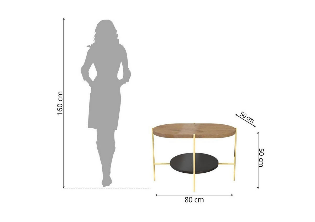 COUCHTISCH Arena Eiche, Gold, Oval - Eichefarben/Goldfarben, Holzwerkstoff/Metall (50/80/50cm) - Dancan