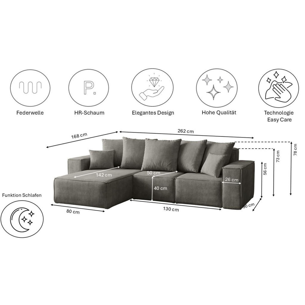 Thumbnail - Kaiser Möbel Ecksofa, Grau, Textil, einzeln stellbar,L-Form, 262x168 cm, Wohnzimmer, Sofas & Couches, Wohnlandschaften, ...