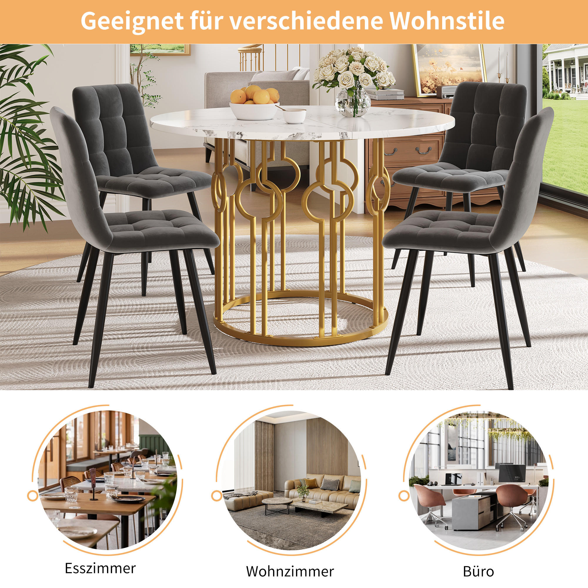 ESSTISCH Rund mit goldene Beine 100/100/76 cm - Goldfarben/Weiß, Holzwerkstoff/Metall (100/100/76cm) - Urban Meuble