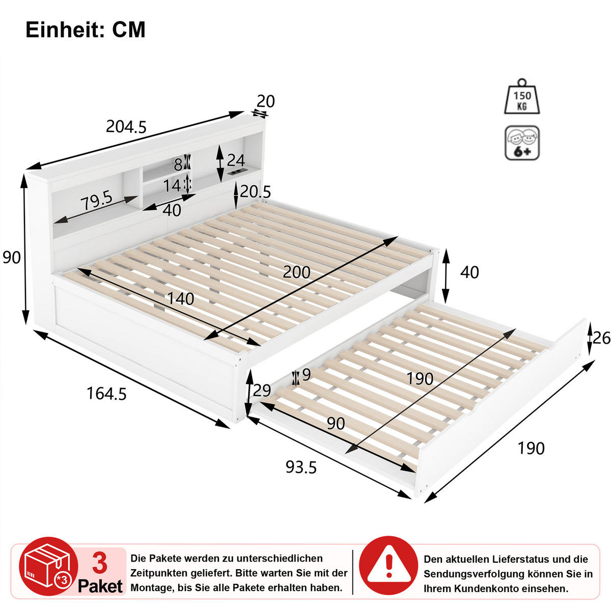 SCHLAFSOFA 140/200 cm & 90/190 cm in Weiß mit Ausziehbett, LED und USB - Weiß, Holz/Holzwerkstoff (140/200cm) - CHICFURN