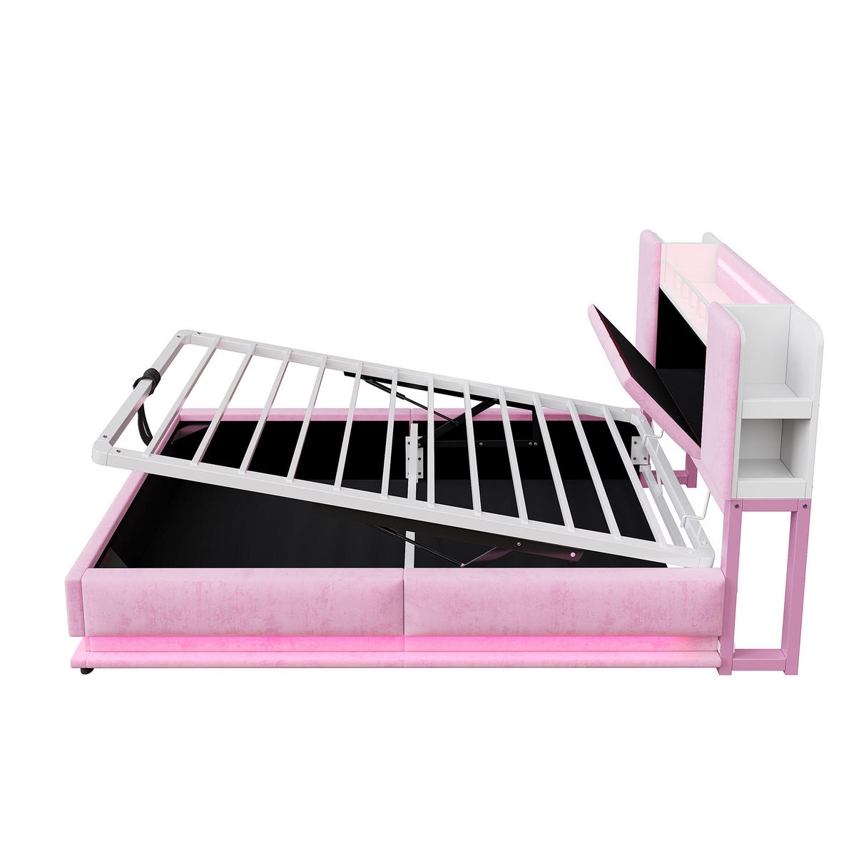 KINDERPOLSTERBETT aus Samt 90x200 cm Rosa mit LED-Beleuchtung, USB-Anschluss und hydraulischem Stauraum - Rosa, Textil (90/200cm) - IVMEU