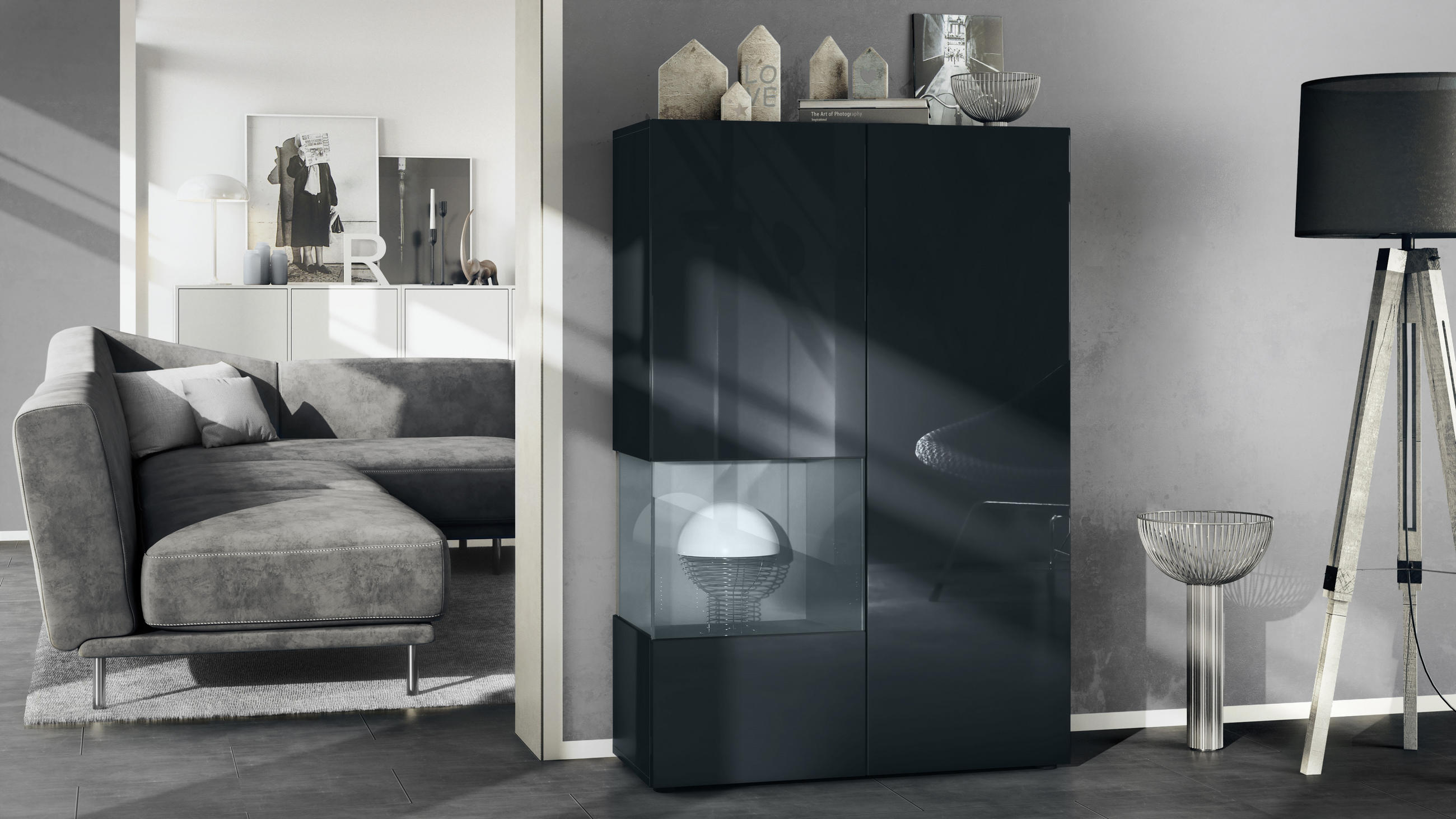 VITRINE Morena Einsatz in Grau Hochglanz - Grau, Holzwerkstoff (91.5/136.5/37cm) - Vladon
