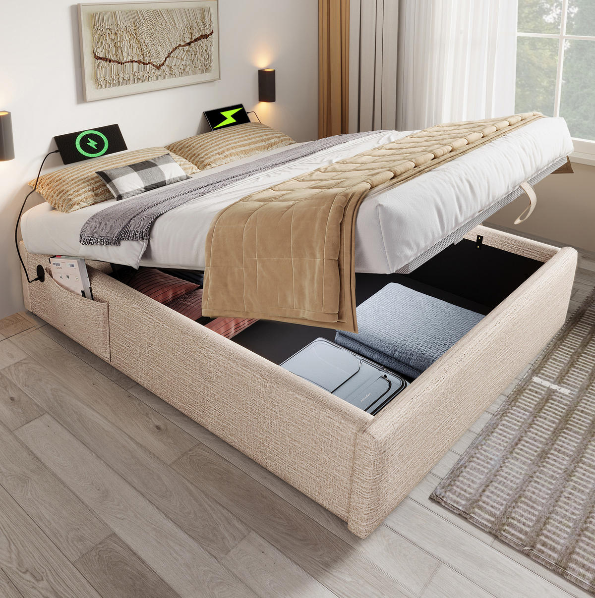 POLSTERBETT mit Stauraum 140x200 cm Leinen Natur mit USB-C - Beige, Metall (140/200cm) - Meubliv